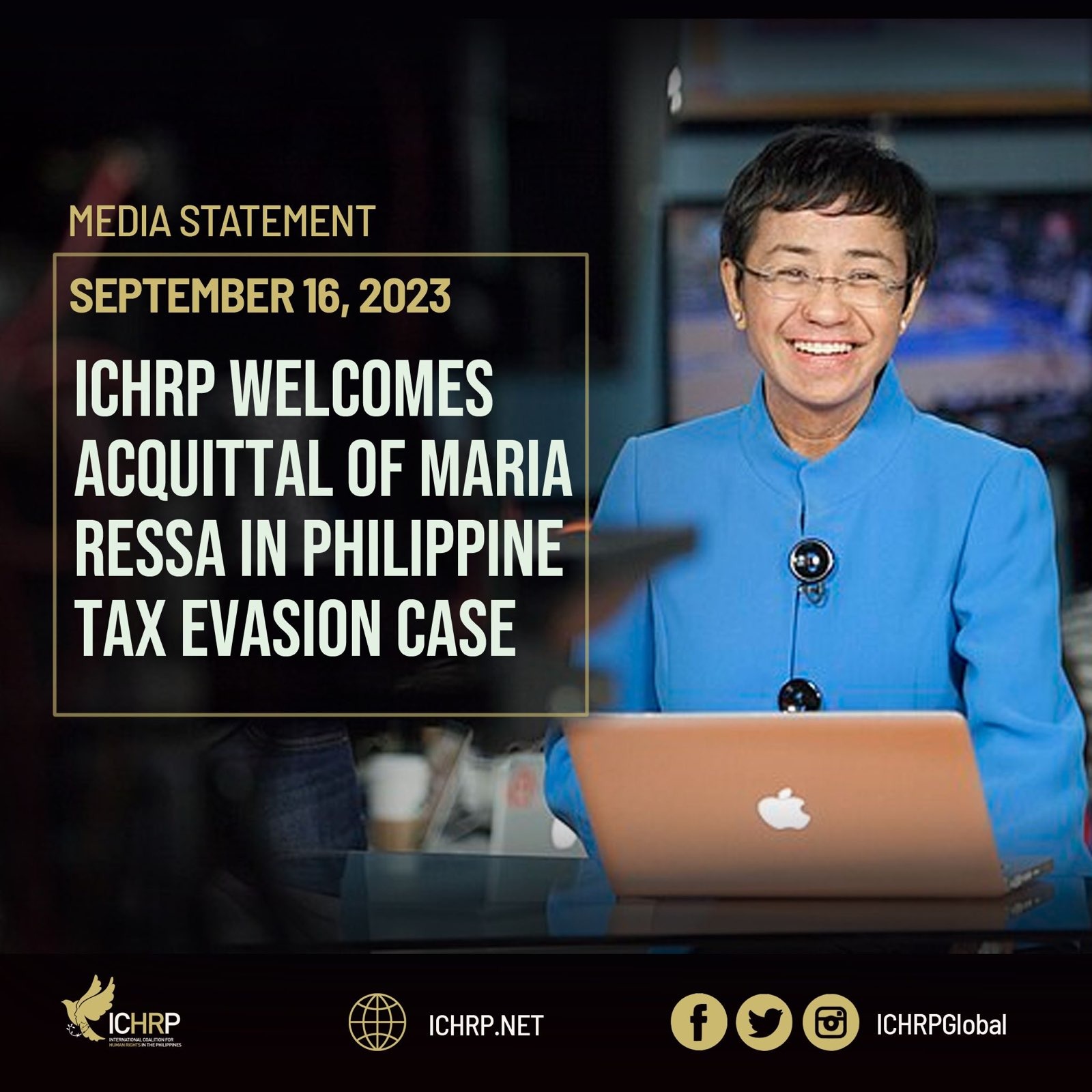 Pressemitteilung: ICHRP Welcomes Acquittal of Maria Ressa in Philippine Tax Evasion Case